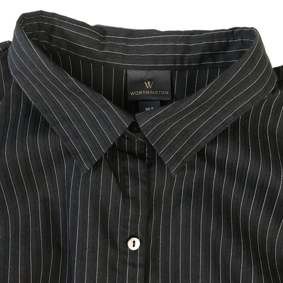 Worthington Women's 16T Button Up Dress Shirt Stripe Black Career Long Sleeves - Picture 3 of 10